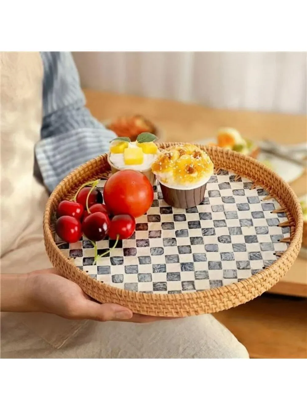 Round Rattan Tray Black Mother of Pearl Inlay Coffee Table Kitchen Decor